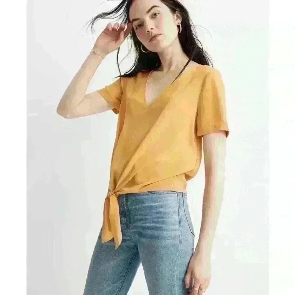 Madewell Novel Tie-Front V-Neck Short Sleeve Blouse in Mustard - Size XL